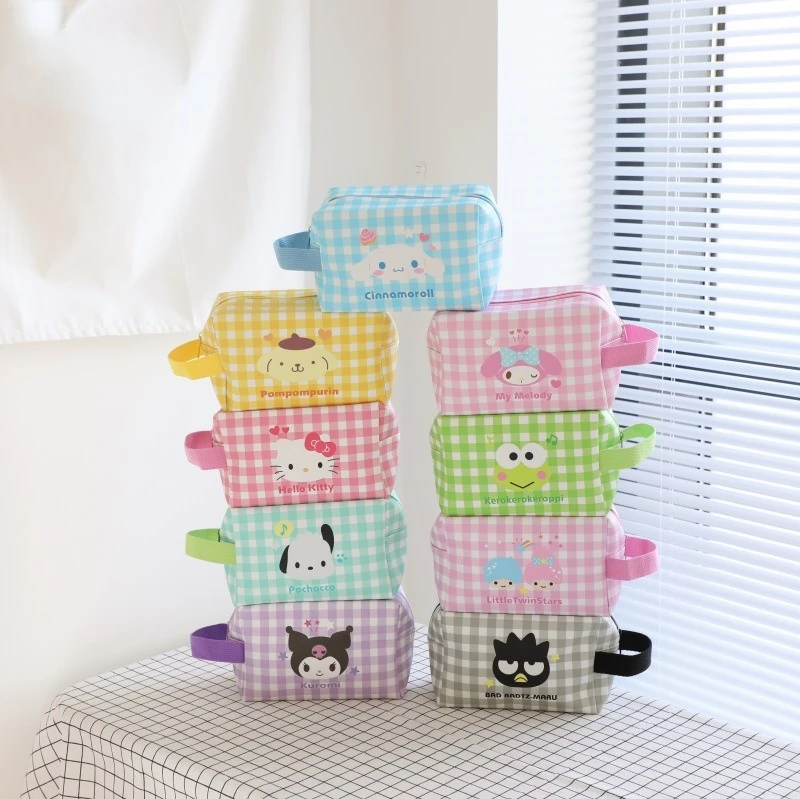 

Japanese Cartoon Kawaii Pu Plaid Student Stationery School Supplies High Capacity Cute Portable Travel Cosmetic Storage Bag