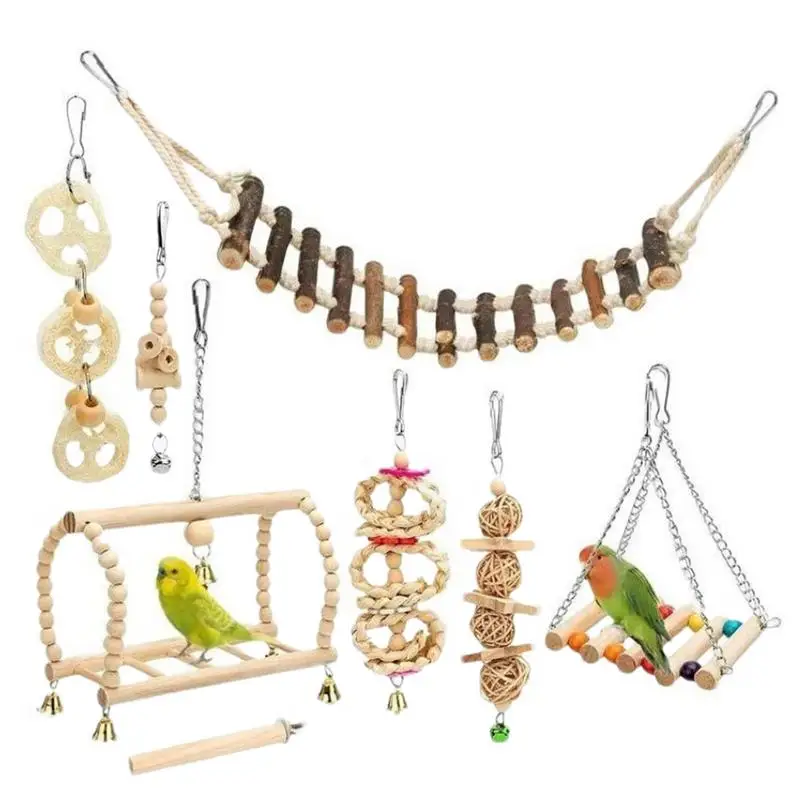 

Wooden Parrot Toy 8-piece Bird Cage Toy Natural Wood Toys Suspending Climbing Wooden Bird Cage Chewing Toys For Conure Love
