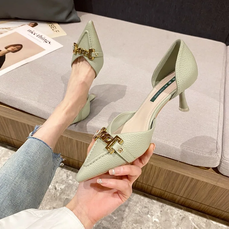 

Women High Heels Sandals Litchi Pattern Solid Color Pointed Toe Chunky Casual Shoes