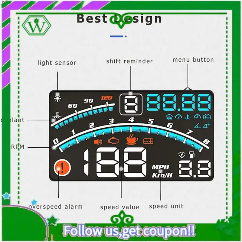 Фото AC34-V41 Heads Up Display Автомобильный OBDII EUOBD 5,5-дюймовый проектор на лобовое стекло HUD Дисплей Напоминание о переключении Температура воды. RPM KM/H Простая установка №2