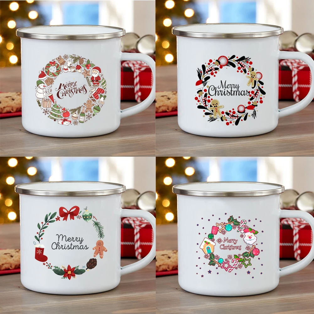 

Handle Beer Juice cups home Party Drinking Mug christmas Gift for Family Friend Garland Printed Mug White Enamel Mugs Coffee cup