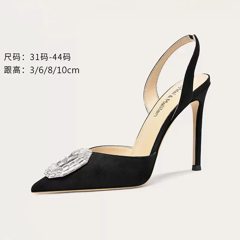 

Spring and Summer New Suede Pointed Rhinestone Sandals Slim High Heel Party Dress Versatile Large and Small Women's Single Shoes