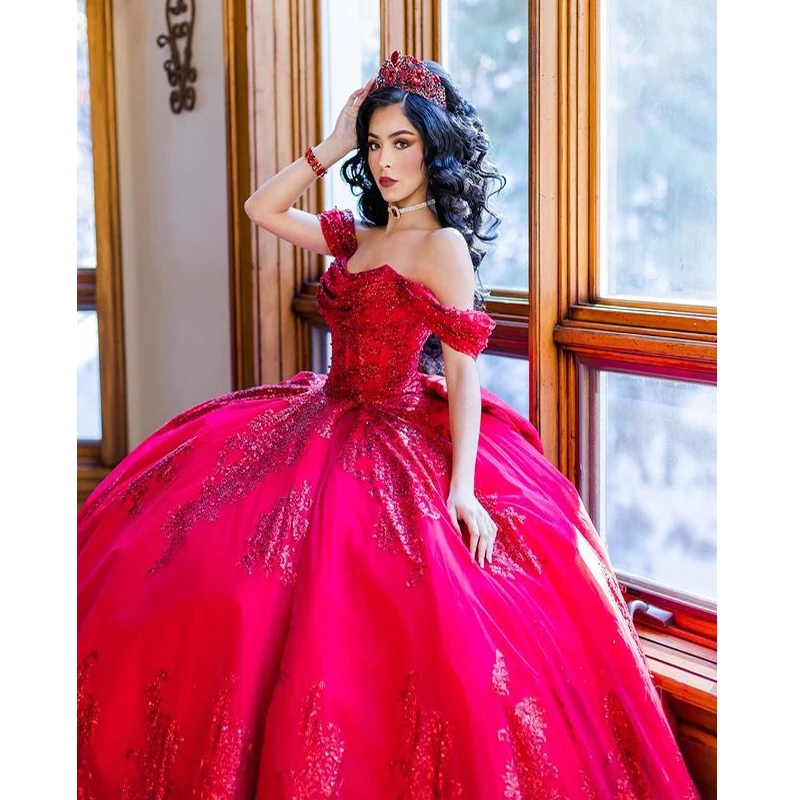 

Sexy Strapless Shiny Red Off-Shulder Ball Gown Quinceanera Dresses Vestidos De 15 Anos Fashion Beading Sweet 16 Princess Party