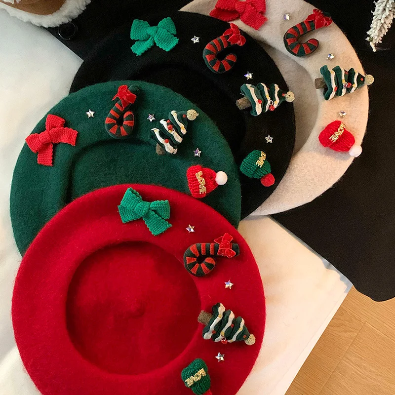 

Рождественский берет, винтажная красная шляпа, Женский Зимний берет с бабочкой, теплая Корейская Студенческая шапка, шапки для художника, для женщин, оптовая продажа 2023