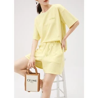 cotton blend 2 piece set luxury high quality summer 2022 t shirt short sleeveshorts o neck elastic waist knee length