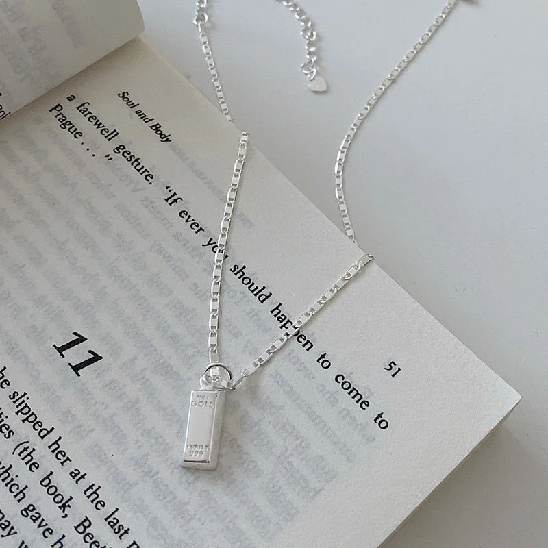 

Silver Brick Necklace s925 Sterling Heavy Industry Bright Square Plate Collar Chain Light Luxury Temperament