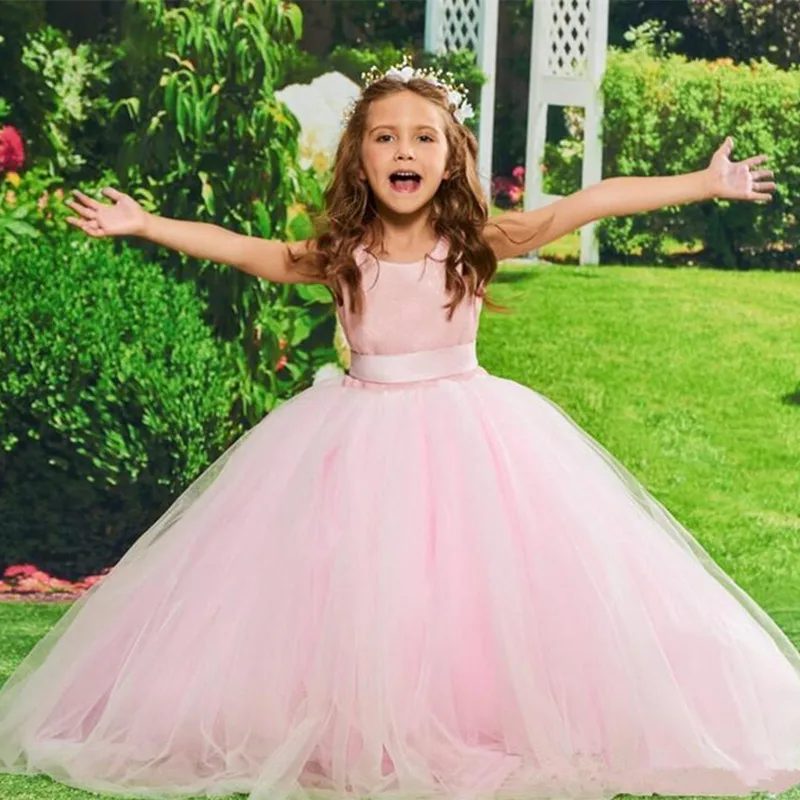 

Простое розовое Тюлевое платье с цветочным принтом для девочек, с лентой и вырезом на спине, в пол, недорогие платья для девочек, детское сва...