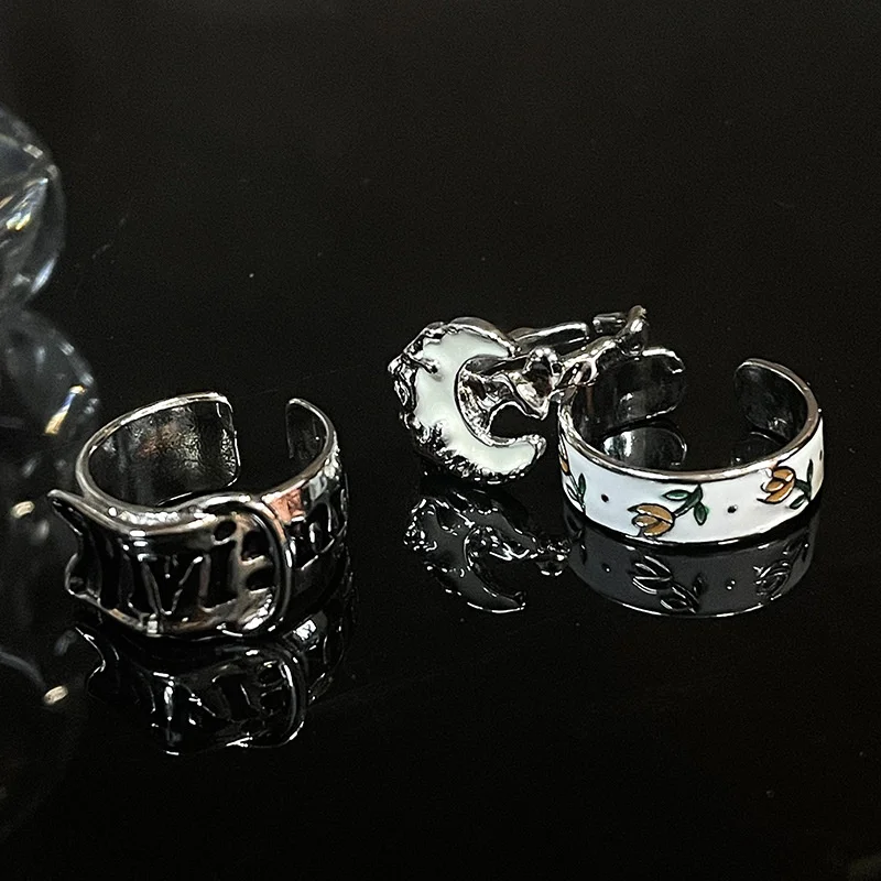 

Vintage Enamel Tulip Ring Women Rose Flower Sliver Color Korea Fashion Charm Adjustable Party Weeding Jewelry