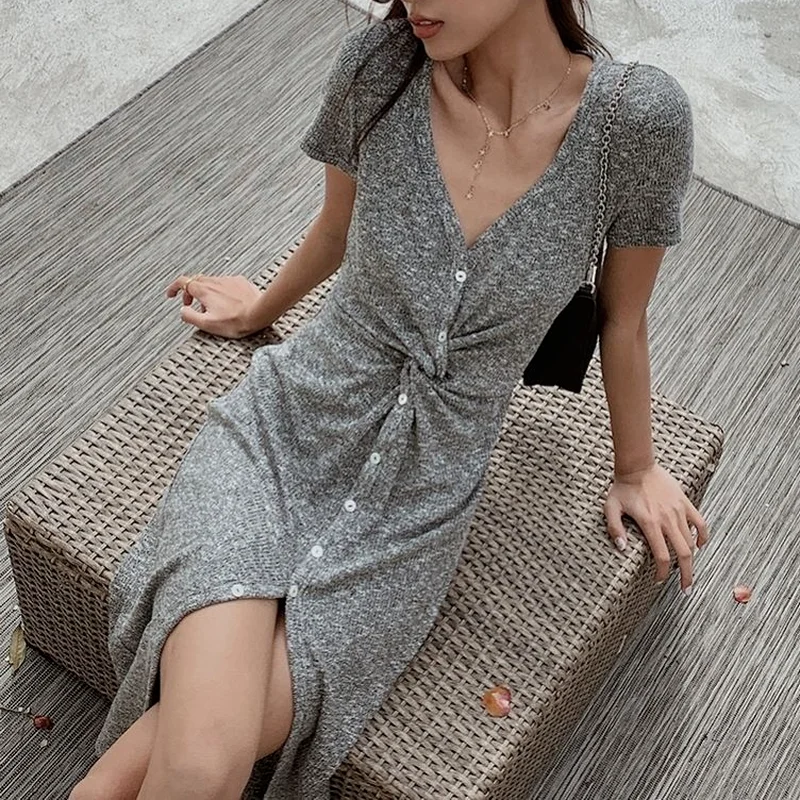 Autumn Fashion V-neck Mid-length Dress Slim Gray Vestido Casual Short-sleeved Single-breasted Buttoned Button Dress Long Dress