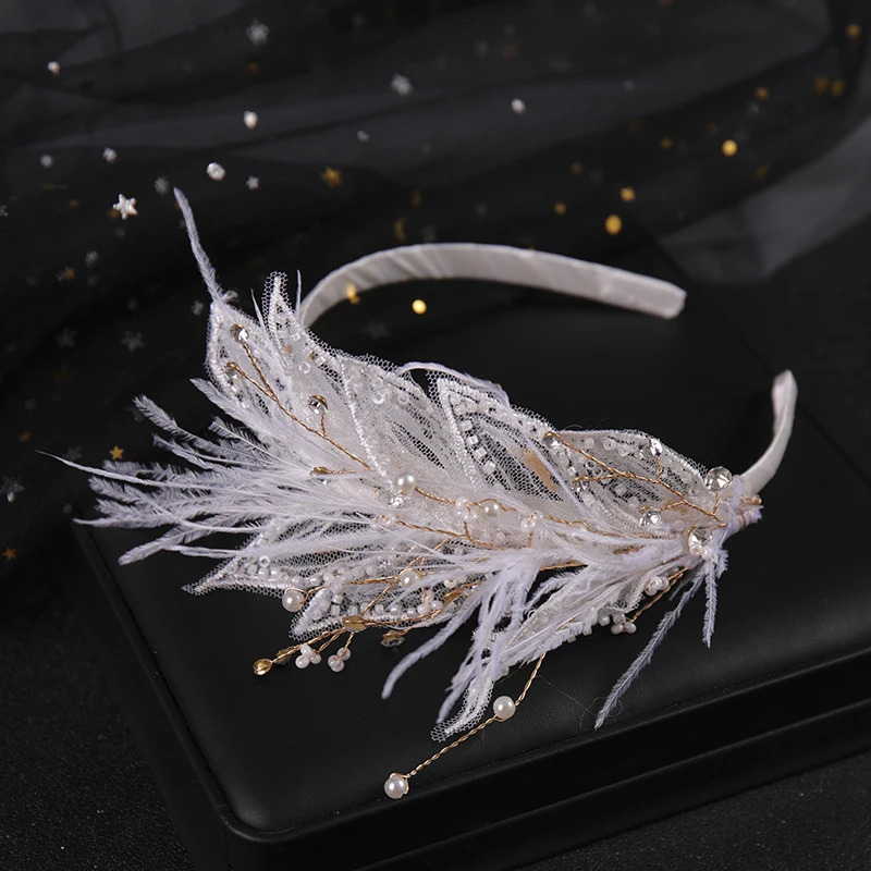 White Feather Hairbands For Wedding Hair Accessories Handmade Pearls Crystal Gold Women Hair Jewelry Headbands Stars Headpiece
