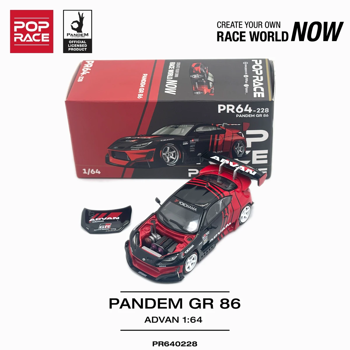 Фото В наличии, готов к отправке: Pop Race PR640228 1:64 Pandem Toyota GR86 Advan Black Red Widebody Open Hood JDM, литая модель автомобиля №2