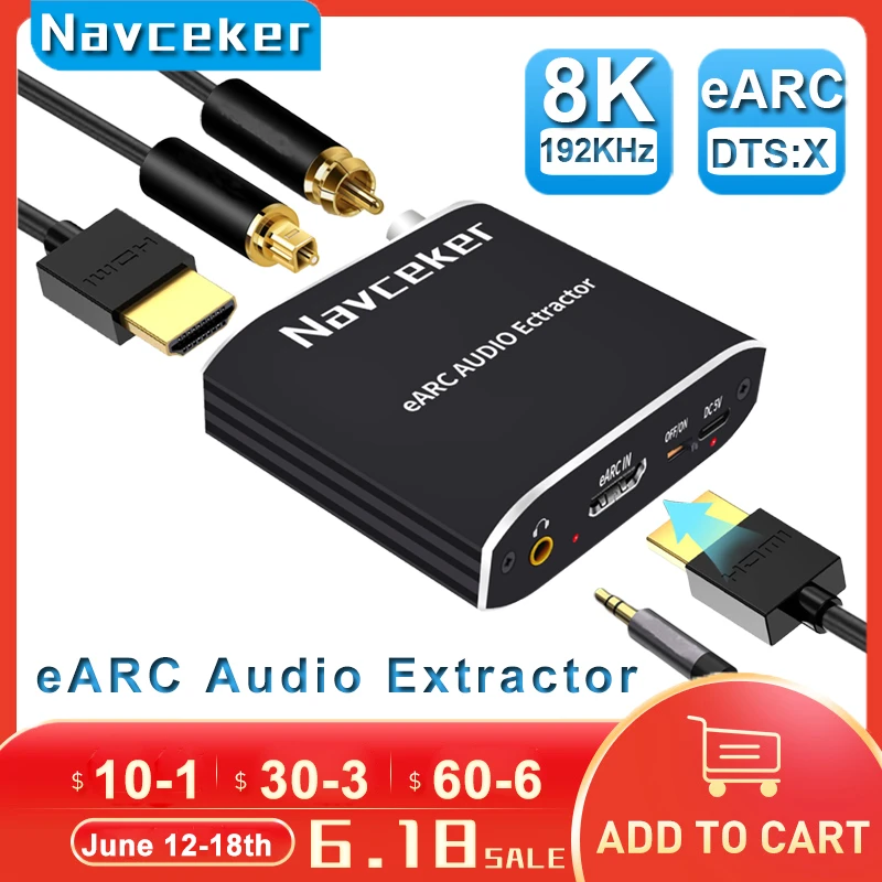 Navceker 192KHz HDMI-compatible Audio eARC Extractor 7.1CH ATMOS eARC TV Projector HDMI ONLY Toslink Coaxial Converter Adapter