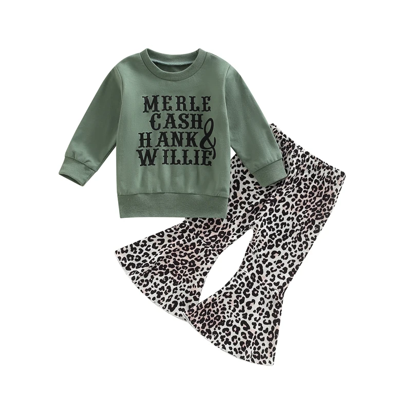 

Kids Girls Trousers Outfits Letter Print Long Sleeve Sweatshirt and Stretch Casual Leopard Print Flare Pants Set