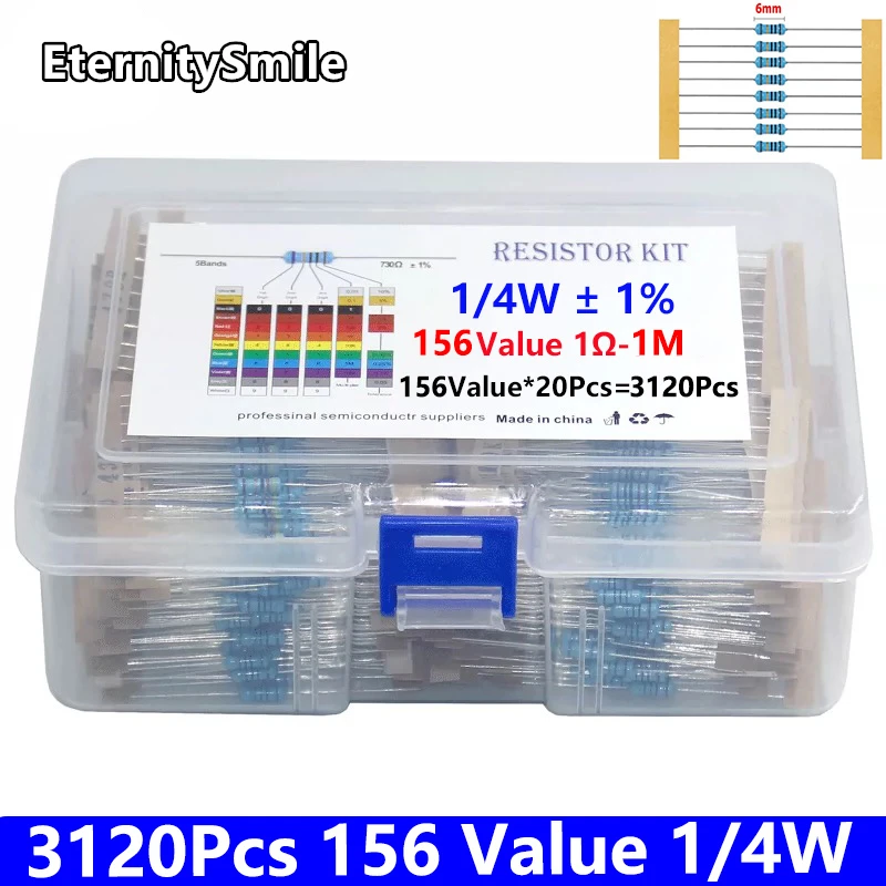 

3120pcs/ Box Metal Film Resistors 156 Values 1/4W 0.25W 1% 1R-100R-1K-10M Set Lot Resistors Assortment Kits Fixed Resistor Kit