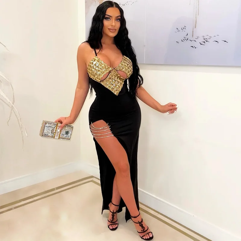 

African Dresses For Women Black Golden Glitter Split V-Neck Sexy Party Dress Long Tunic Night Club Sleeveless Long Maxi Dresses