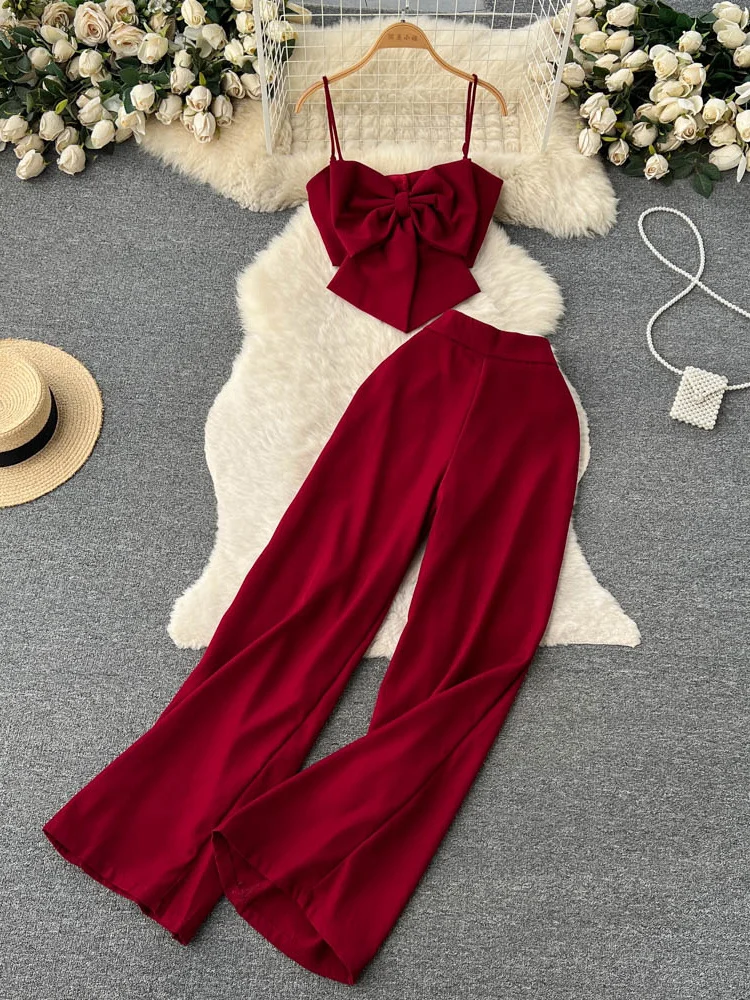 

Женский винтажный костюм из двух предметов, элегантный фиолетовый/зеленый/хаки топ на бретельках с бантом и брюки с широкими штанинами, лето 2023