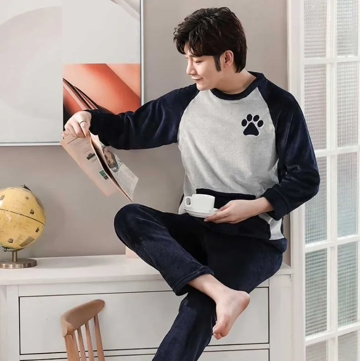 Men's Pajamas Set Autumn Winter Warm Flannel Thicken Male Pajamas Long Sleeve Sleepwear Top+Pants 2PCs Casual Homewear Clothes