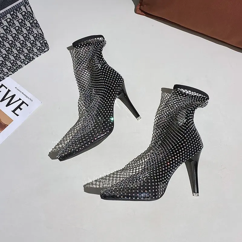 2023 New New Design Crystal Rhinestone Mesh Stretch Fabric Sock Boots Fashion PVC Transparent Pointed Toe Shoes Sexy High Heels