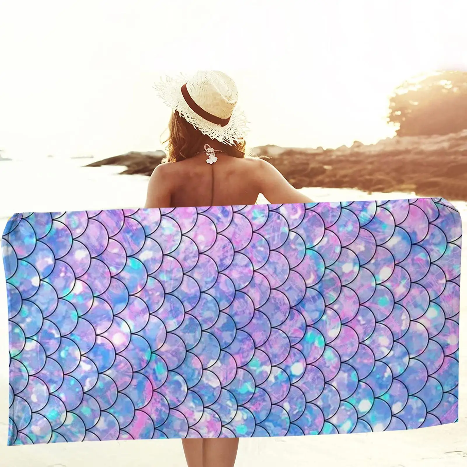 

Summer Beach Towel Bohemian Style Fish Scale Print Sport Fitness Yoga Bath Towel Microfiber Quick Dry For Swimming 2 Size R0W7