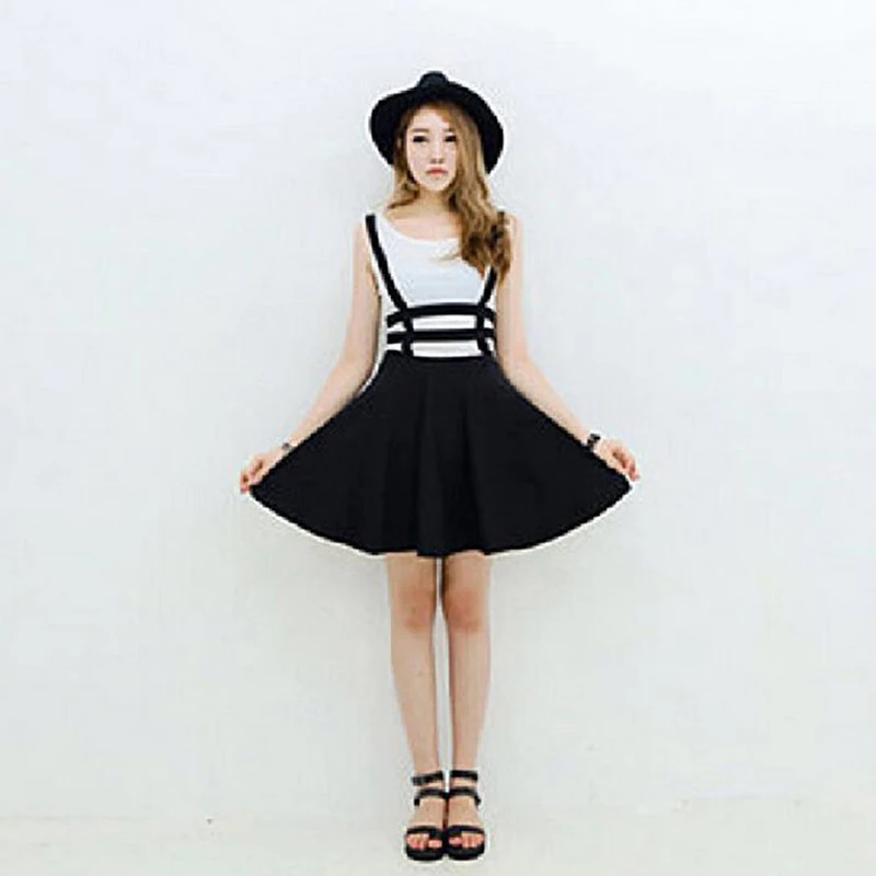 

Women Cute Mini Skirts Girl Playsuit Skater Suspender Skirts Bandage Short Black With Strap A-Line Skirts