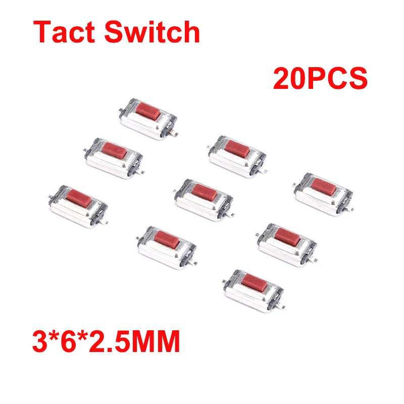 

Красный Тактильный кнопочный переключатель SMD 3x6x2,5 мм, 20 шт., мини тактовый переключатель, 2 лампочки для выключателя питания MP3 MP4