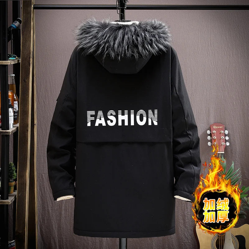 In autumn and winter, hooded teenagers plush medium long windbreaker, men's cotton jacket, cotton padded jacket, men's casual ja