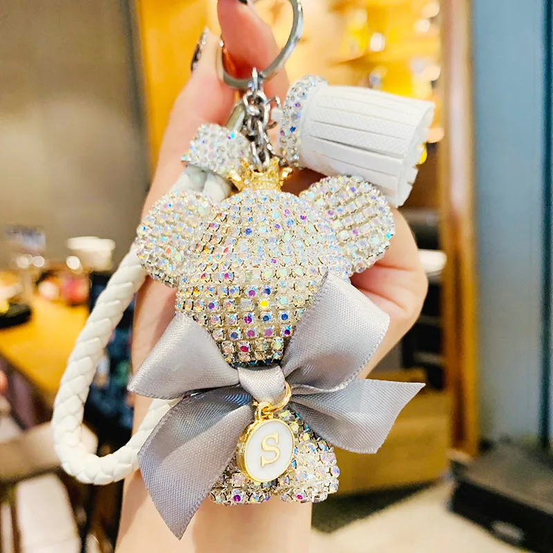 

Rhinestone Bear Keychain Punk French dog Car Pendant Key Chain Ring Holder Car Bag Llaveros Mujer Jewelry accessories Gift