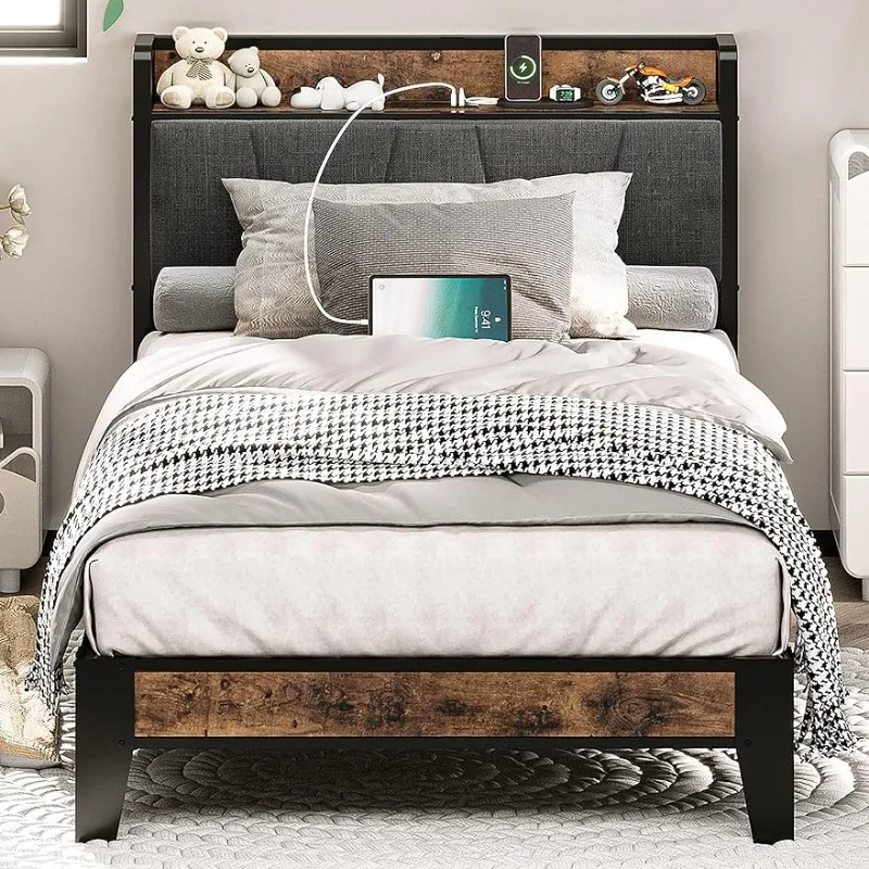 

Twin Bed Frames, Storage Headboard with Charging Station, Solid and Stable, Noise Free, No Box Spring Needed, Easy Assembly