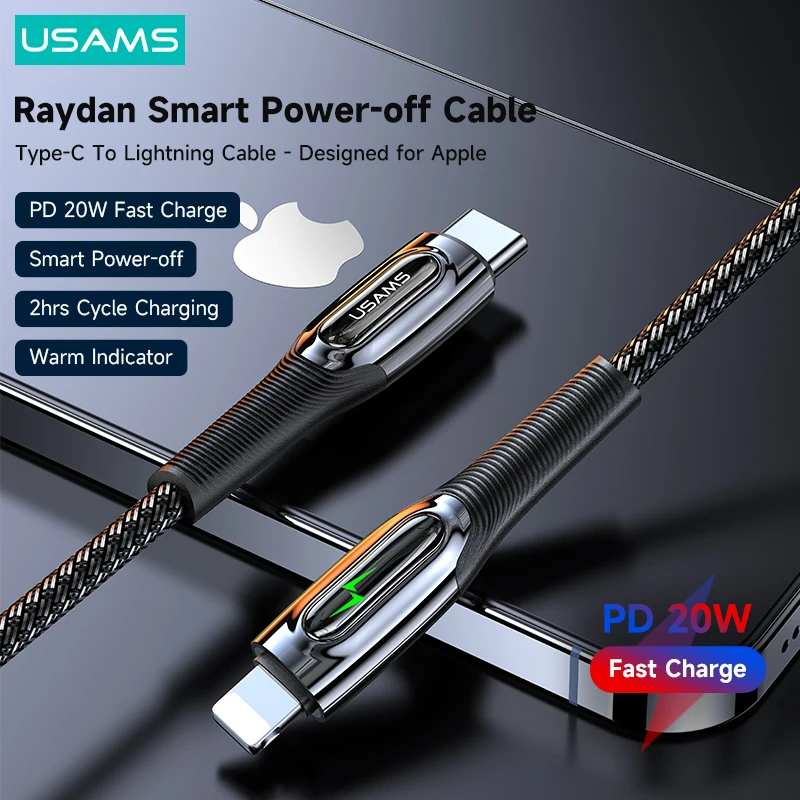 USAMS Raydan PD 20W Smart Power Off Cable Fast Charge Data Cable Lightning Cable For iPhone 14 13 12 11 X Xr Xs 8 7 6 Plus