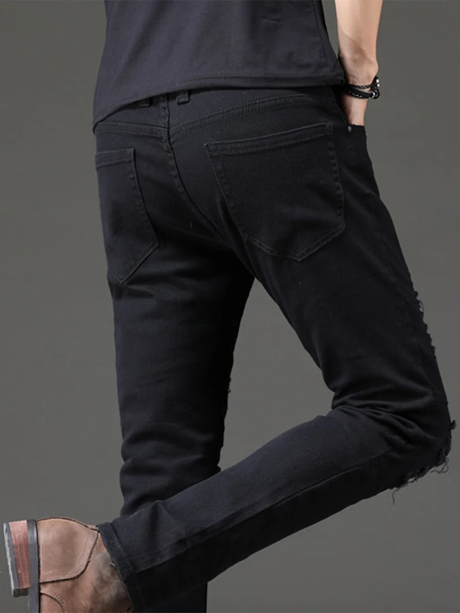 Four Seasons Men's Jeans Frayed Fashion Micro-elastic Small Straight Young Fashion Trousers Four Seasons Men Large Size Trousers