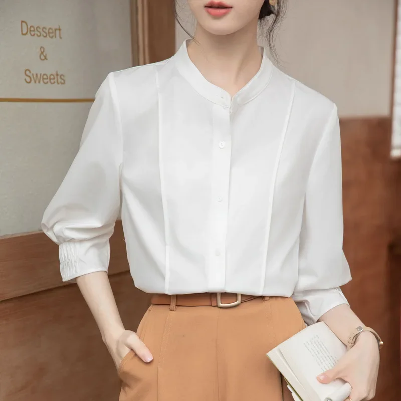 Элегантная женская рубашка с воротником-стойкой и рукавами семь половин элитный