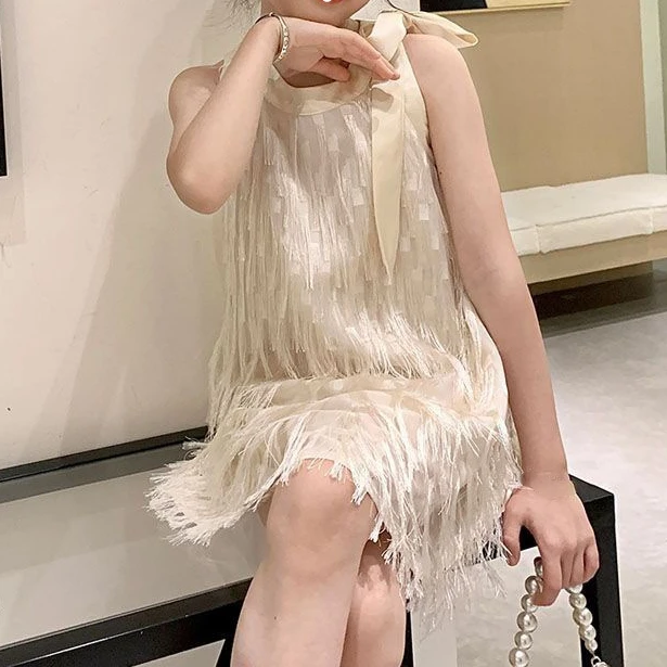 

Kids Girls Dresses 2023 Summer Sleeveless Bow Tassel Princess Dresses Children Clothing Baby Wedding Party Vestidos