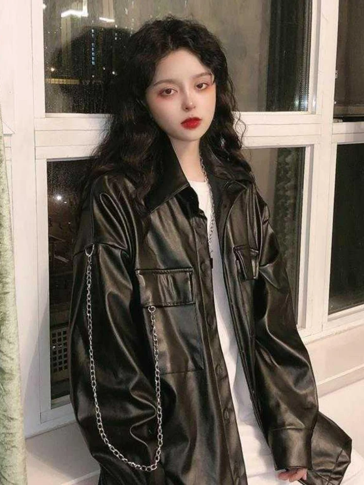 Autumn Black Women's Motorcycle Leather Jacket Korean Fashion Loose Thin Casual Biker Coat Outerwear Ladies Streetwear Chic Top