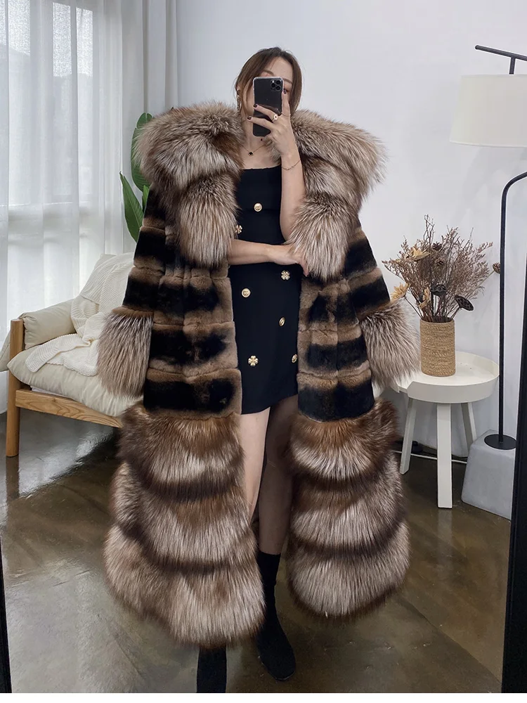 

Luxury Oversized Crystal Fox Fur Collar Whole Fur Rex Rabbit Fur Long Fur Coat Loose Coat Autumn And Winter New Style