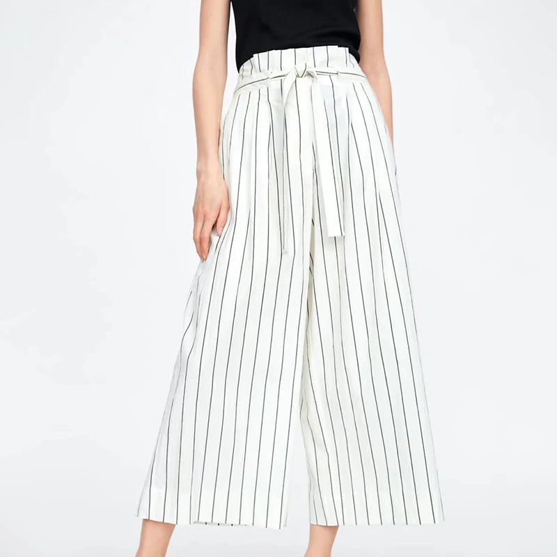 

2022 Spring Summer Women Fashion Bow Decoration Striped Nine-point Pants Casual Loose High Waist Wide Leg Trousers MSD2322