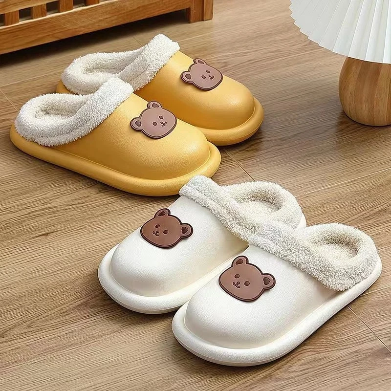

Winter Waterproof Women Slippers Cartoon Bear Furry Non-Slip Sole Home Cotton Shoes Outdoors Fur Anti-Slip Couple Ladies Shoes