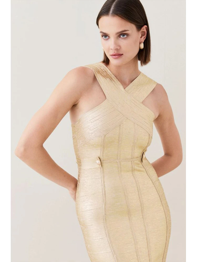 Sexy Sleeveless Button Midi Bandage Dress Elegant Gold Sliver Off Shoulder  Bodycon Rayon Bandage Dress Evening Club Party Dress