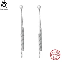 orsa jewels 925 sterling silver real natural freshwater pearl earrings with dangle aaaa cubic zirconia chain for women gpe14