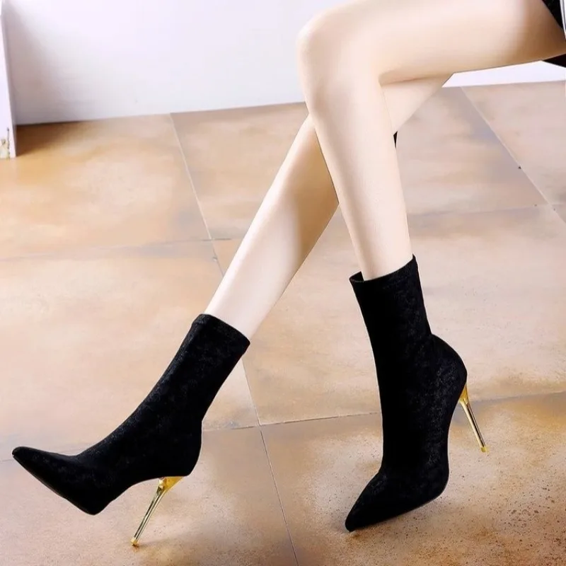 

Женская обувь 2023 Модные женские ботильоны пикантные современные ботинки женские без шнуровки с острым носком прошитый тонкий высокий каблук новая обувь для женщин