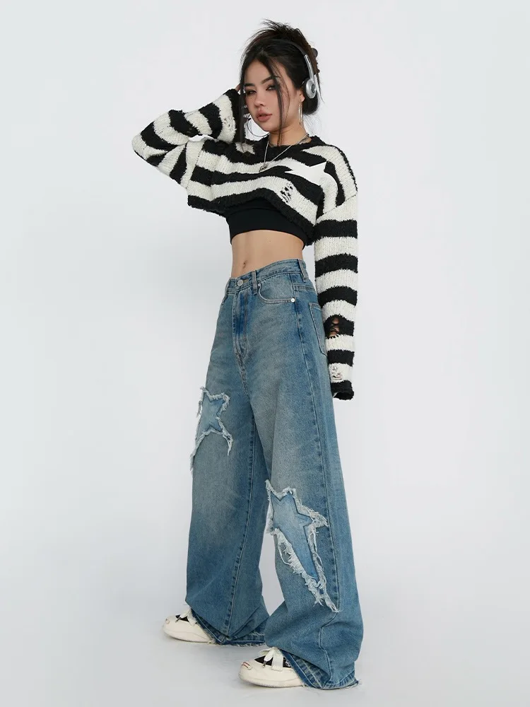 HOUZHOU Vintage Blue Star Jeans Women Baggy Grunge Y2k Denim Pants Gyaru Korean Streetwear Harajuku Wide Leg Distressed Jeans