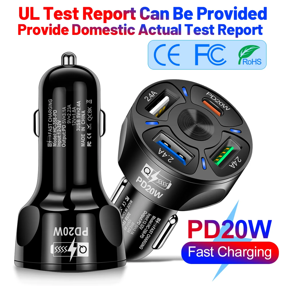 

Round Dual USB Type-C Car Charger Fast Charging 5V 3.1A 12v QC3.0 PD 20W Cigarette Lighter Adapter Socke Power Outlet Charger