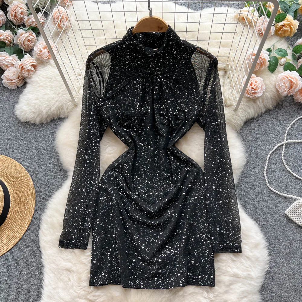 

Spring Autumn Sexy Midi Dress for Women Bodycon Mesh Patchwork Sequins Evening Party Female Robe See Through New Fanshion Chic