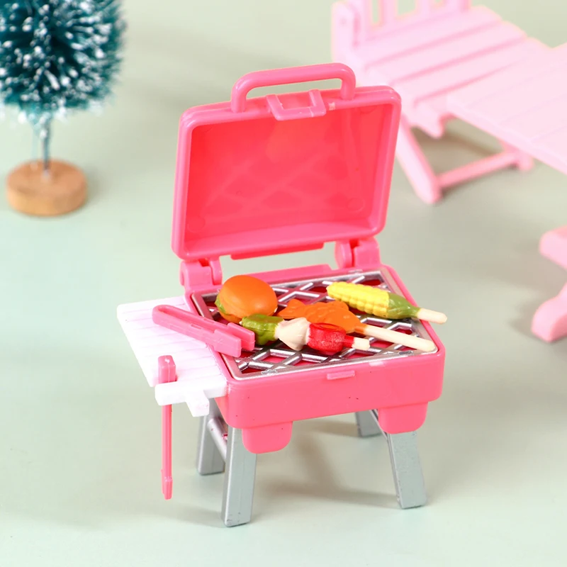 

New 1:12 Dollhouse Miniature BBQ Pink Barbecue Grill with Food Toy Doll Decor Toy Dollhouse Kitchen Accessories