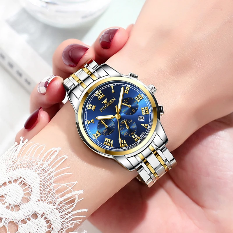 FNGEEN Fashion Couple Watches for Men Women Stainless Steel Quartz Watches Top Brand Luxury Calendar Clock Lovers Wristwatch