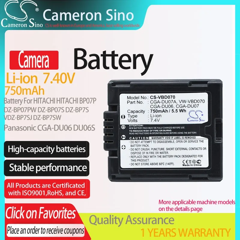 

CS Camera Battery for HITACHI Panasonic HITACHI DZ-MV730A MV580A M8000V6 MV750 HS401 Fits BP07PW BP07S BP7SJ Panasonic CGA-DU07