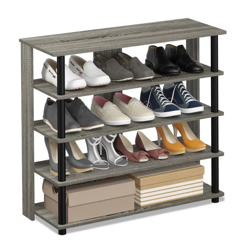 

LISM 5-Tier Turn-N-Tube Wide Shoe Rack, Metal And Wood, Gray And Black