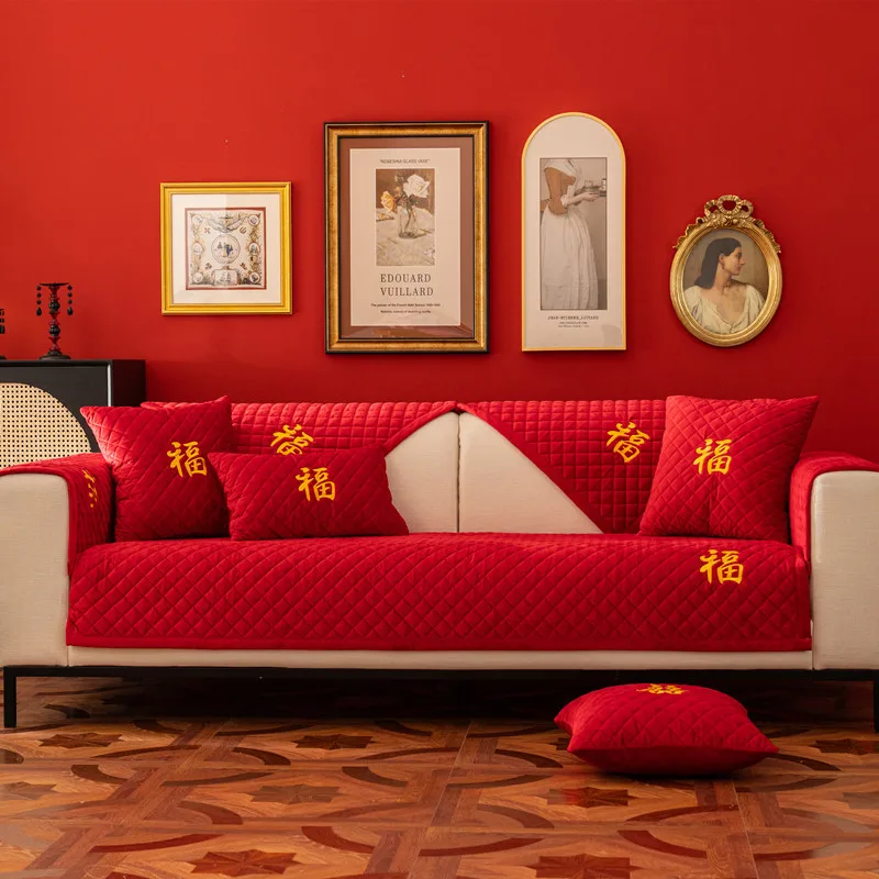 

Red Plush Embroidery Sofa Cover for Living Room Non-slip Sofas Towel Couch Covers L Shaped Corner Sofa Mat Seat Pad Modern Home