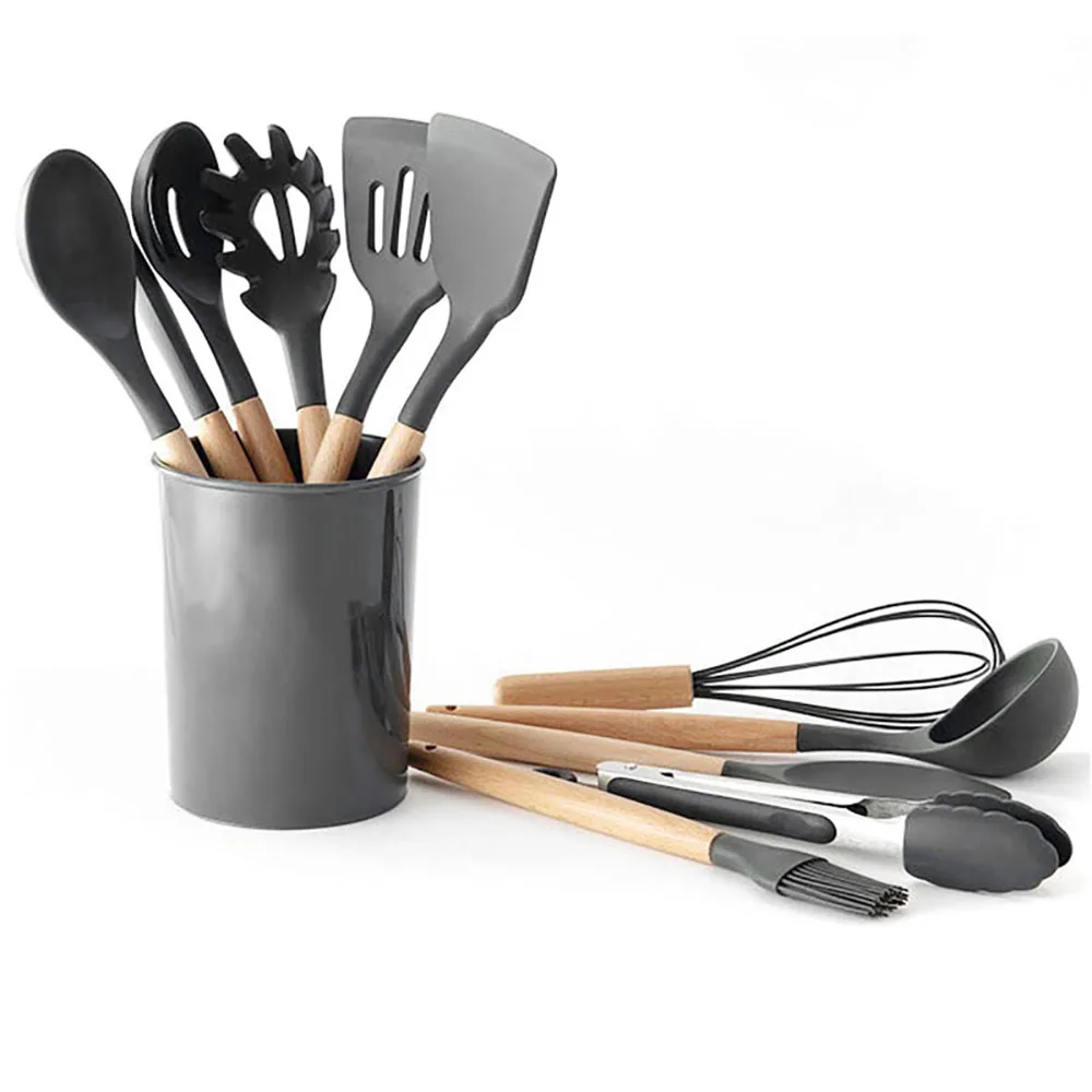 

Black Wooden Handle Silicone Cooking Utensils Set Non-stick Kitchenware Spatula Shovel Egg Beaters Kitchen Cooking BBQ Tool Set