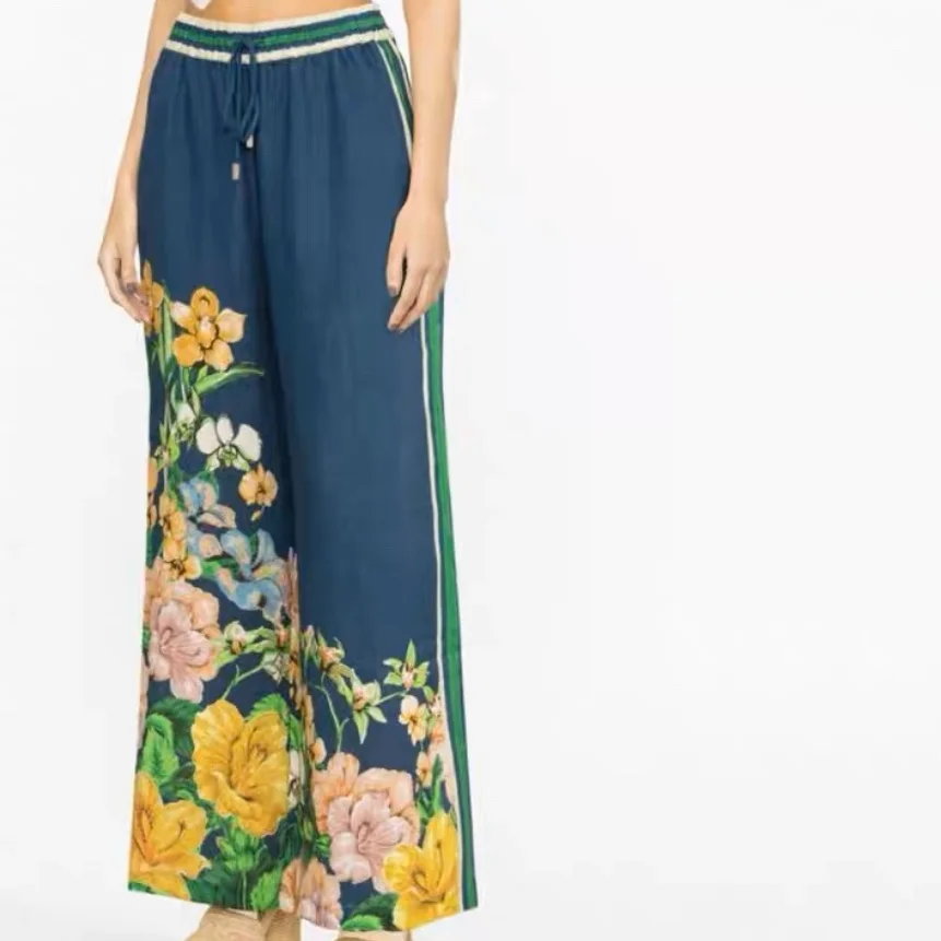 Linen Floral-print Linen Wide-leg Pants for Women