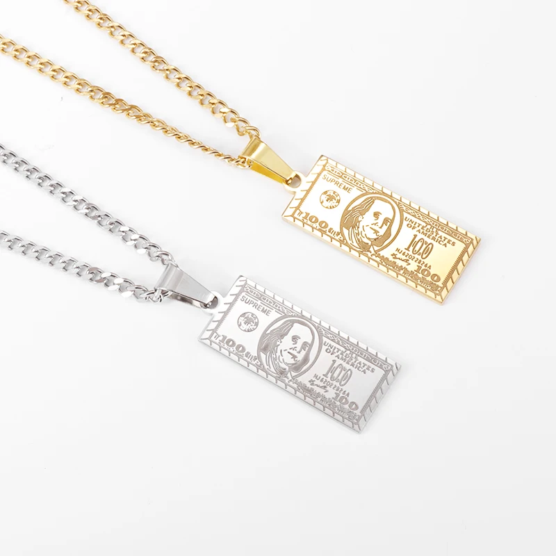 

Hip Hop Gold Color $100 Engraved Rectangle Pendant Necklace for Men and Women Classic Daily Wear Stainless Steel Necklace Gifts